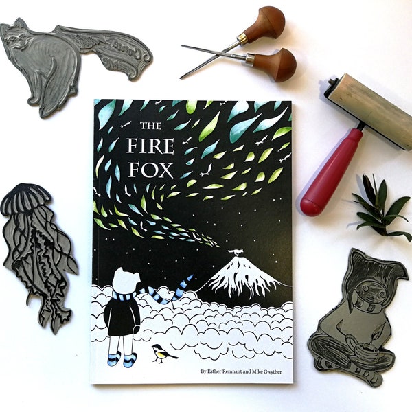 The Fire Fox - A beautiful children's book for all ages - The firefox, northern lights, aurora borealis, arctic fox, adventure, lino print.