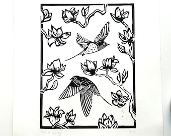 This is Spring - an original limited edition hand-carved linocut lino print - featuring welcome swallows and magnolia flowers
