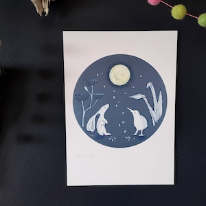 Moon Gazing - digital copy of an intaglio print with Hare and kiwi gazing at the moon.