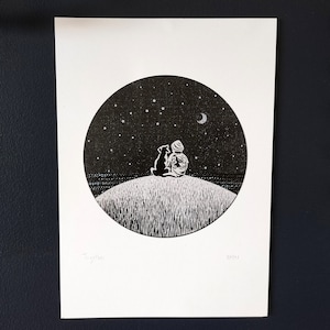 Together - digital print of an original weaving with block printed child/boy/girl and dog, gazing at the moon.