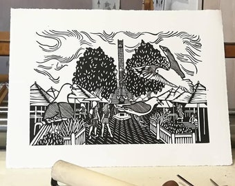 The Birds - an original limited edition hand carved linocut lino print - set in Nelson NZ, cathedral, giant seagulls