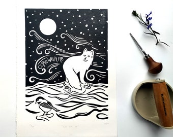 Come With Me - an original limited edition hand-carved linocut lino print - featuring arctic fox, bird, snow and moon.
