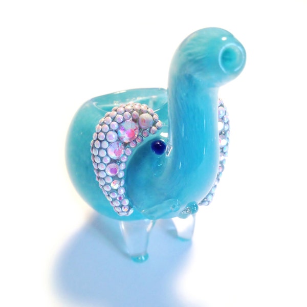 Sparkles the Elephant- Blue Baby Elephant Glass Pipe with AB Rhinestones, AB Pearls, and AB Metal Bow Charm.