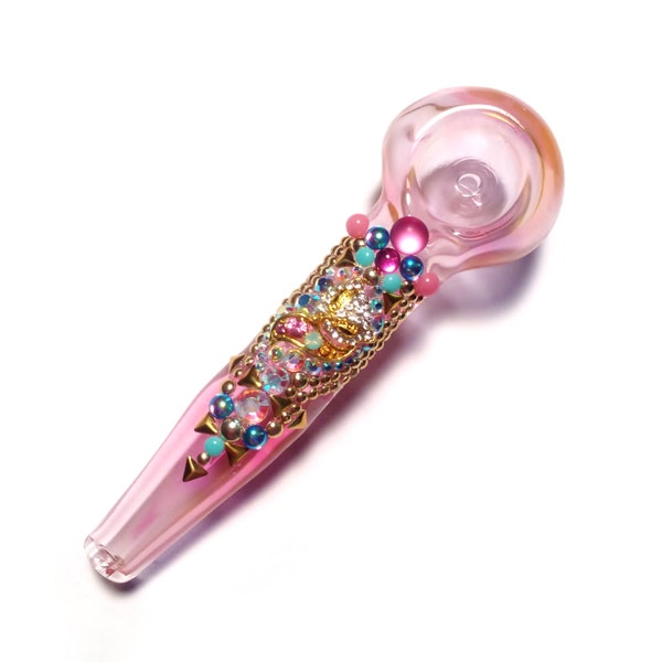 Foxy- Pink Inner Spiral Glass Pipe with AB Rhinestones, Glass Orbs, Gold Tone Metal Studs, and a Golden Fox Charm.