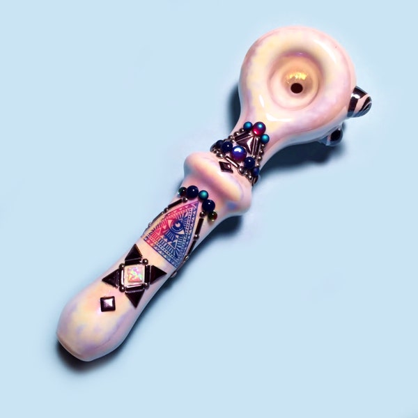 Conspiracy- White Iridescent Glass Pipe with Moonstones,Titanium Tone Studs, White Opal, and an All Seeing Eye Decal!