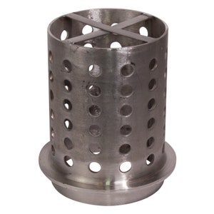 May include: A silver metal cylinder with a series of holes and a cross-shaped support structure. The cylinder has a flat base.