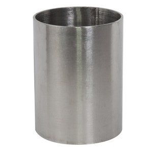 May include: A silver metal cylinder with a smooth, brushed finish. The cylinder is empty and has a rounded top and bottom.