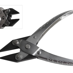 May include: A pair of metal nipping pliers with a silver finish. The tool has curved handles with a series of small circular cutouts and a textured grip area. The cutting blades are black and angled. A close-up inset shows the cutting head.