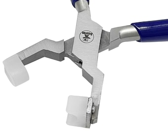 May include: Close-up of a pair of blue-handled pliers with white plastic tips. The pliers are designed for crimping jewelry findings. The pliers are labeled "PMC Supplies".