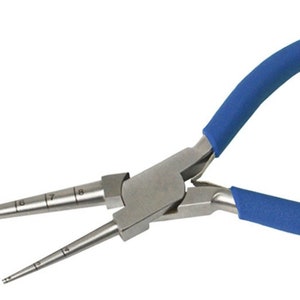May include: Blue handled pliers with a silver metal body and two long, pointed tips with size markings from 5 to 8. The pliers are used for jewelry making.
