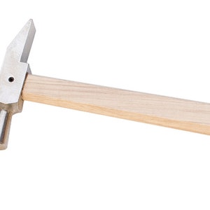 May include: A silver metal hammer with a wooden handle. The hammer has a rounded head and a slightly curved neck.