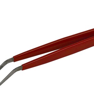 May include: Red handled tweezers with a curved tip. The tweezers are made of metal and have a red plastic handle.
