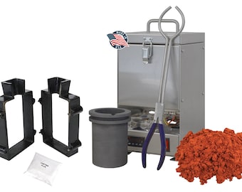 May include: A metal casting kit with a furnace, crucible, tongs, two molds, a bag of casting flux, and a pile of red casting sand.