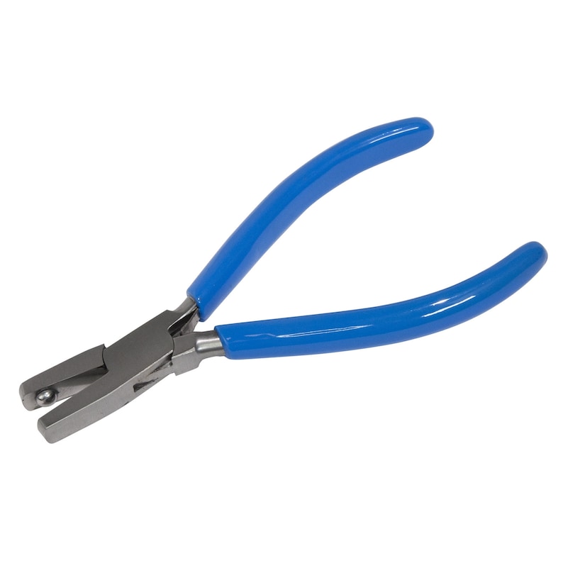 May include: Pliers with blue handles and a silver metal head, used for crimping jewellery findings.