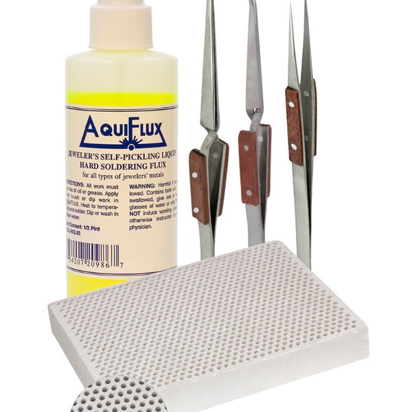 Soldering Precision Kit with Aquiflux Flux, Fiber Cross-Locking Tweezers, Fine-Tipped Tweezers, and Honeycomb Ceramic Block KIT-0286