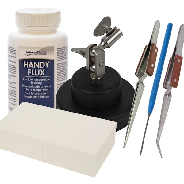 Soldering Essentials Kit: Third Hand Base, Flux Paste, Tweezers, Magnesia Block, and Titanium Soldering Pick KIT-0293