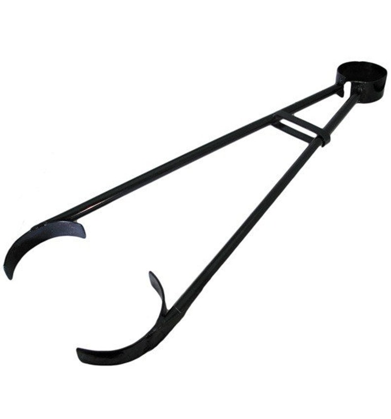 May include: Black metal tongs with a long handle and two curved ends. The tongs are designed to pick up and hold objects.