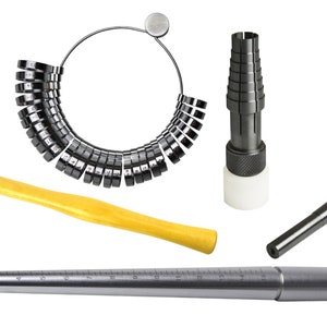 May include: A set of jewelry sizing tools including a ring sizer, a mandrel, a ring sizing mandrel, and a rubber mallet.