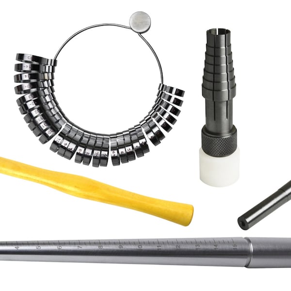 Complete Ring Sizing and Shaping Kit: Ring Sizer Gauge, Ungrooved Steel Mandrel, Ring Stretcher Tool, and Rawhide Hammer KIT-0301