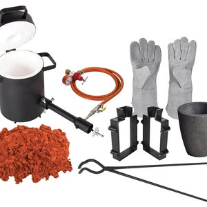5 Kg Propane Furnace Sand Casting Set with 10 Lbs Petrobond Aluminum Mold Frame, Cast Iron Flask, Safety Gloves, Crucible, Tongs - KIT-0145