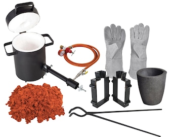 Juego de fundición de arena para horno de propano de 5 kg con marco de molde de aluminio Petrobond de 10 libras, matraz de hierro fundido, guantes de seguridad, crisol, pinzas - KIT-0145