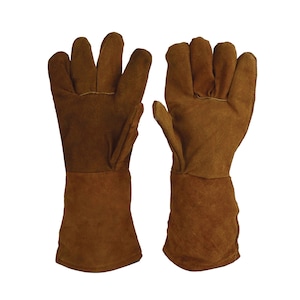 May include: A pair of brown leather work gloves with long cuffs. The gloves are made of a durable material and are designed to protect the hands. The gloves are shown on a white background.