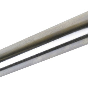 May include: A stainless steel reamer with a tapered design. The reamer has a cylindrical shape with a small opening at one end and a wider opening at the other. A black circle is in the upper left corner. The reamer is likely used for shaping or expanding materials.