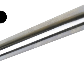 May include: A stainless steel reamer with a tapered design. The reamer has a cylindrical shape with a small opening at one end and a wider opening at the other. A black circle is in the upper left corner. The reamer is likely used for shaping or expanding materials.