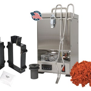 May include: A silver metal furnace with a digital temperature gauge, a pair of tongs, two black metal molds, a black crucible, a bag of casting flux, and a pile of red casting sand. Made in the USA.