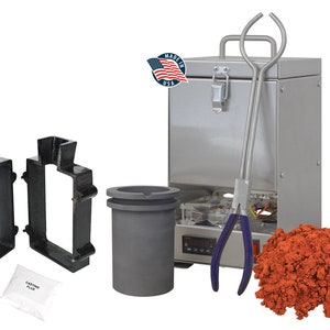 May include: A metal casting kit with a furnace, crucible, tongs, two molds, a bag of casting flux, and a pile of red casting sand. The furnace is made in the USA.