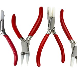 May include: Set of four red-handled jewelry pliers with white tips. The pliers are used for bending and shaping wire.