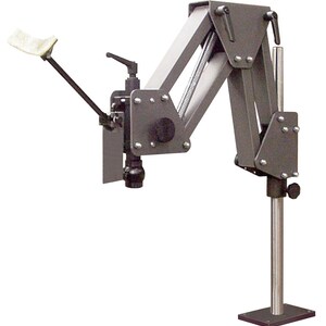 May include: A gray metal adjustable arm with a spring and a black knob. The arm is mounted on a silver pole with a black base. The arm has a white pad on the end.