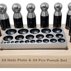 Dapping Punch & Dapping Plate Set of 25 Pieces on Wooden Base