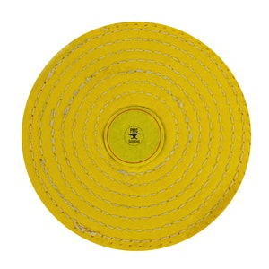May include: A yellow buffing wheel with a white stitched edge and a red and white label that says "PMC Supplies".