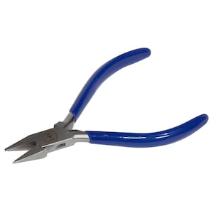 May include: Blue handled pliers with a pointed tip, used for jewelry making.