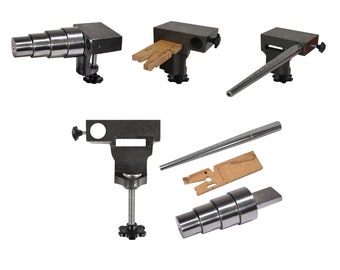May include: A set of five metal jewellery making tools, including a mandrel, a ring mandrel, a bench vice, and a ring sizing tool. The tools are made of black metal and have a silver finish.
