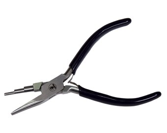 May include: A pair of black handled pliers with a silver metal head and interchangeable tips. The pliers are designed for jewelry making and have a spring-loaded action.
