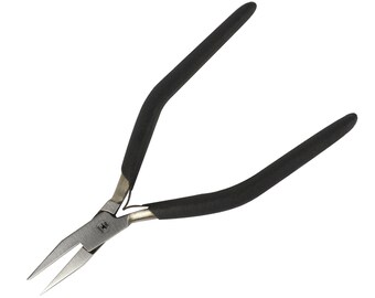 May include: Black handled pliers with a long, thin, pointed tip. The pliers are made of metal and have a black rubberized grip.