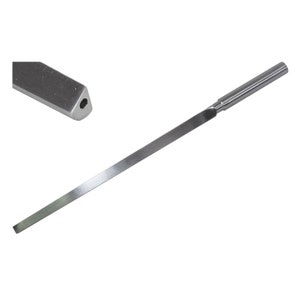 May include: A silver metal tool with a long, thin shaft and a pointed tip. The tip is shaped like a triangle with a small hole in the center.
