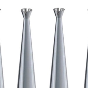 May include: Six silver dental burs with a pointed tip and a flared base.