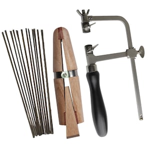 May include: A set of jewelry making tools including a saw frame, saw blades, and a ring mandrel.