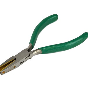 May include: Flat nose pliers with green handles and a silver metal body. The pliers have a flat, rectangular nose with a gold-coloured tip. The handles are curved for a comfortable grip.