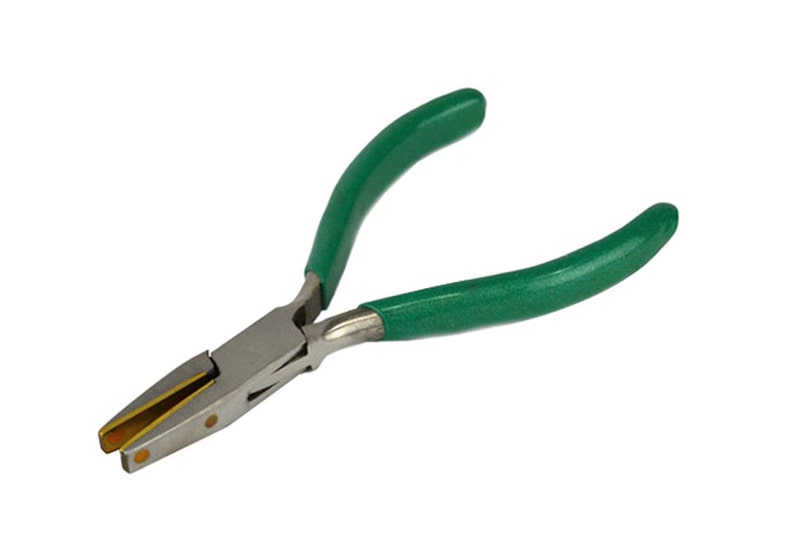 May include: Flat nose pliers with green handles and a silver metal body. The pliers have a flat, rectangular nose with a gold-coloured tip. The handles are curved for a comfortable grip.