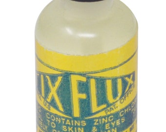 Op de afbeelding: Een klein, doorzichtig glazen flesje met een zwarte dop. Het flesje is gelabeld met de tekst "IX FLUX" in groen en geel. Het label bevat ook de tekst "PAT. OFFICE" en "CONTAINS ZINC CHLORIDE". Het label waarschuwt dat het product schadelijk is voor de huid en ogen en instructies geeft om een arts te raadplegen als het in contact komt met de huid of ogen. Het flesje is gelabeld "MLIED MFG. CORP. BOZEMAN, MT 54.460".