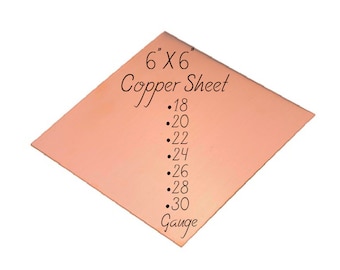 Chapa de cobre de 15,24 cm x 15,24 cm (6" x 6") com espessuras de 18, 20, 22, 24, 26, 28 e 30 mm (calibres específicos) para gravação, perfuração, martelagem, corte, estampagem, confecção de pingentes, berloques e joias.