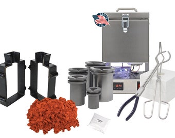 May include: A metal melting furnace with a digital temperature display, a set of four graphite crucibles, two black metal molds, a bag of red casting investment, a bag of casting flux, and two pairs of metal tongs.