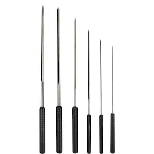 May include: A collection of six metal awls, each with a sharp point and black, textured handle. The awls are of different lengths, arranged from longest to shortest. The tools are set against a white backdrop.