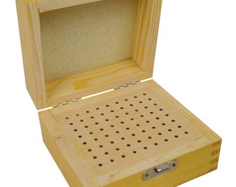 4-1/2" x 4-1/2" x 3" Wooden Bur Stand Organizer Storage Box w/ 72 Holes Jewelry Making Tool Holder - STRG-0068