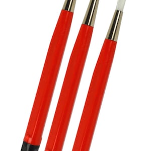 May include: Three red cleaning brushes with white bristles and black handles.