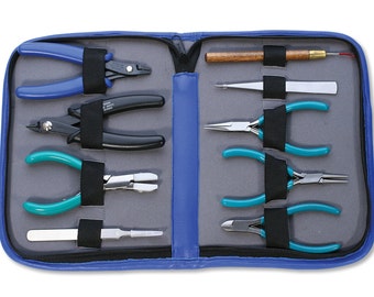 Beader's Jewelry Tool Kit with Pliers Cutters Tweezers Wire Rounder Bead Crimping Wire Working Tool Set and Case - KIT-405.09